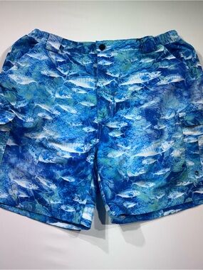 REEL LEGENDS Men's Board Shorts/Swim Trunks, Blue/Green, Fish Pattern, Large